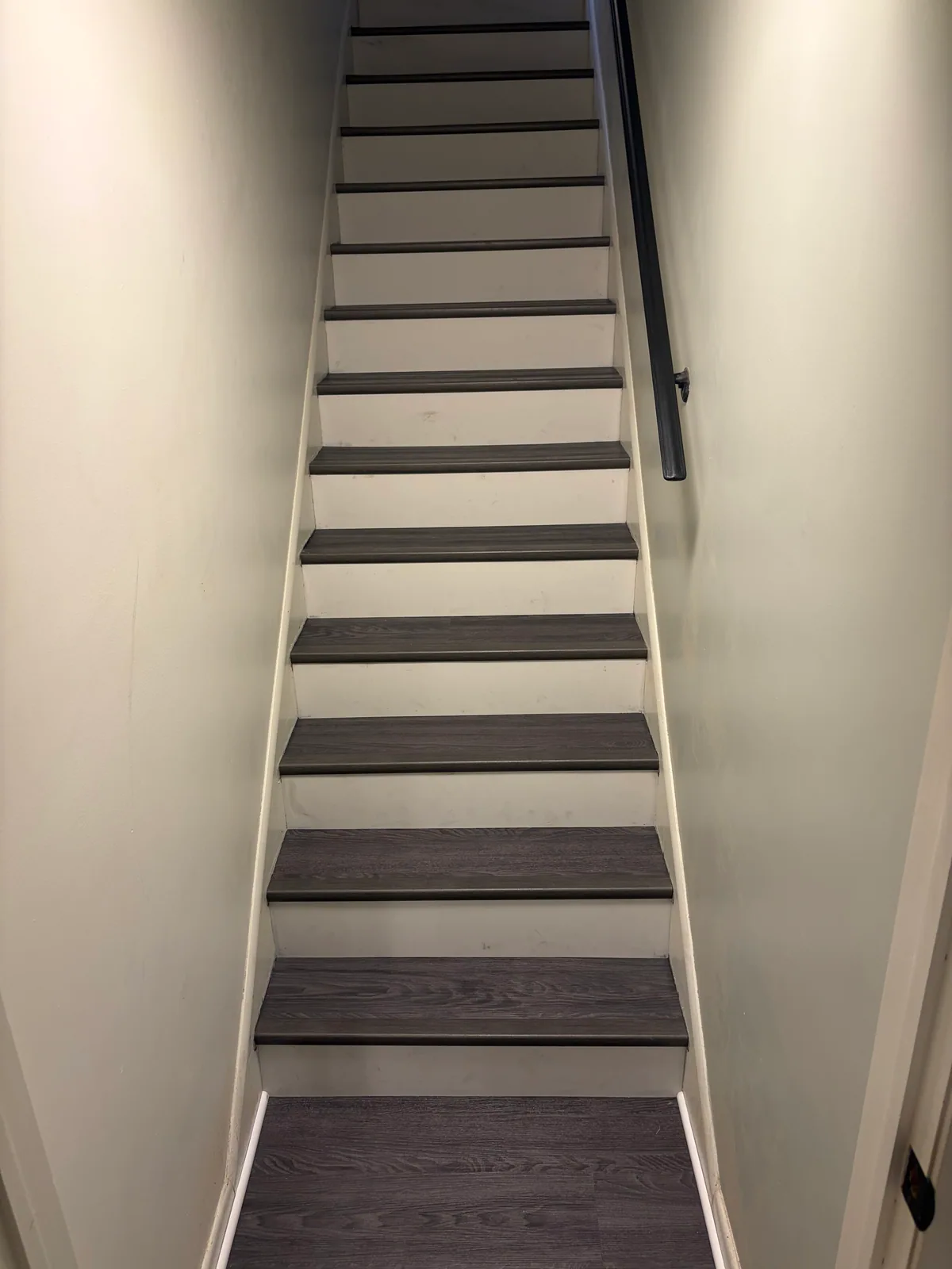 Staircase with dark treads and light risers after flooring installation